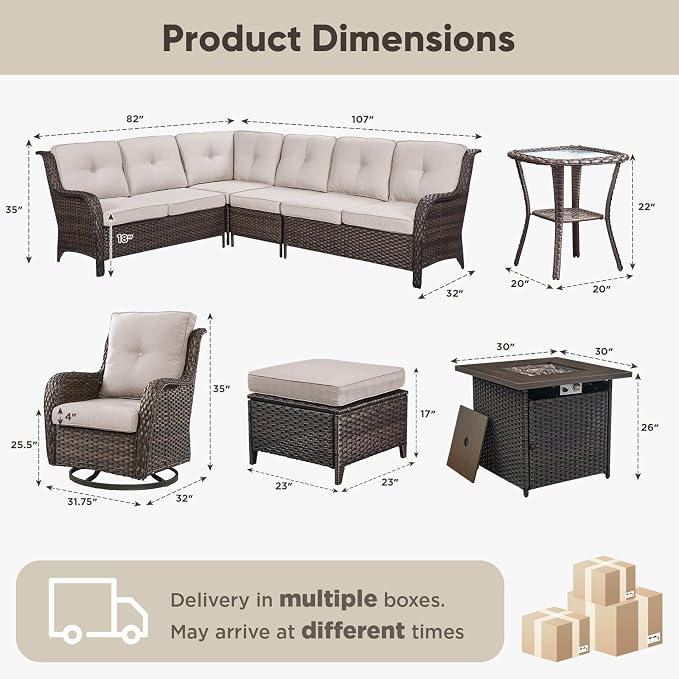 Belord Patio Furniture Set with Fire Pit Table,8 Piece Wicker Outdoor Furniture Set, Swivel Rocker Chairs with Ottomans and Sectional Couch, All Weather Patio Conversation Set,Brown Wicker/Beige