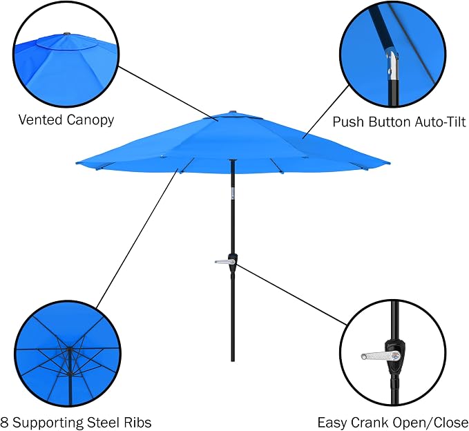 Alaterre Furniture Okemo 8 Piece Outdoor Dining Set with Umbrella - Solid Acacia Wood Outdoor Furniture Set with 63” Patio Table, 6 Patio Chairs, and 10ft Blue Umbrella