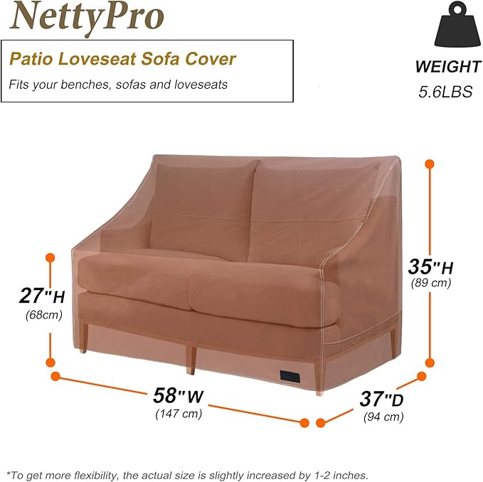 NettyPro Patio Loveseat Bench Cover 58 Inch, Waterproof 600D Heavy Duty Outdoor Furniture 2 Seater Sofa Cover, Brown