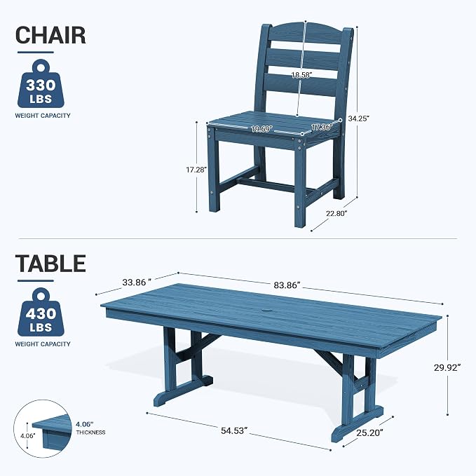 KINGYES 8-Seat Outdoor Patio Dining Set,84 inch HDPE Rectangular Table and Chairs Set，Waterproof Furniture Set with Umbrella Hole for Backyard,Blue