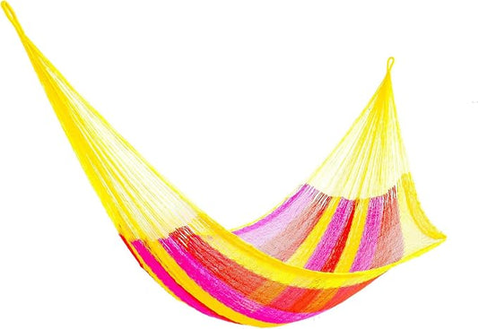 Novica Bright Yellow Pink Orange Tropical Striped Hand Woven Nylon Mayan 1 Person Rope Hammock with Hanging Accessories, 'Candy Delight' (Single)