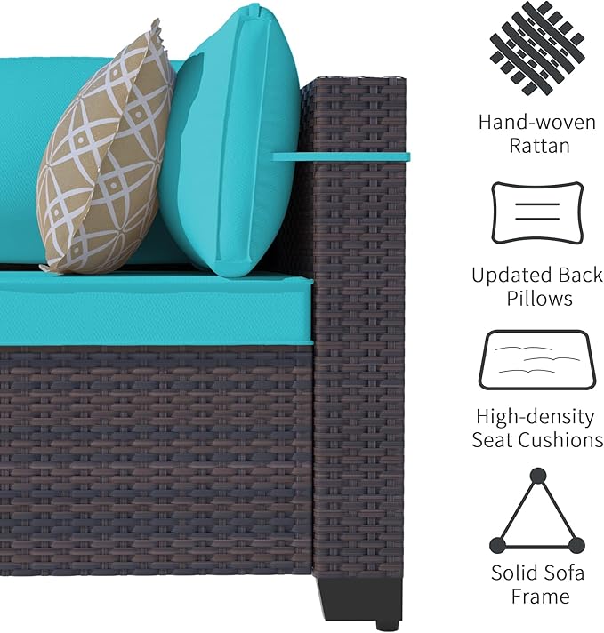 Outdoor Patio Furniture Set with Gas Fire Pit Table, 8 Pieces Outdoor Furniture Set Patio Sectional Sofa w/43in Propane Fire Pit, PE Wicker Rattan Patio Conversation Sets - Teal.