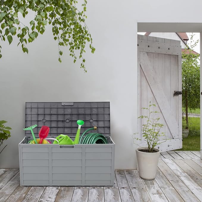 VINGLI 75 Gallon Outdoor Storage Box, Patio Deck Box Furniture with Rolling Wheels, Plastic Storage Containers with Lockable Design, For Garden, Yard, Balcony (Grey)