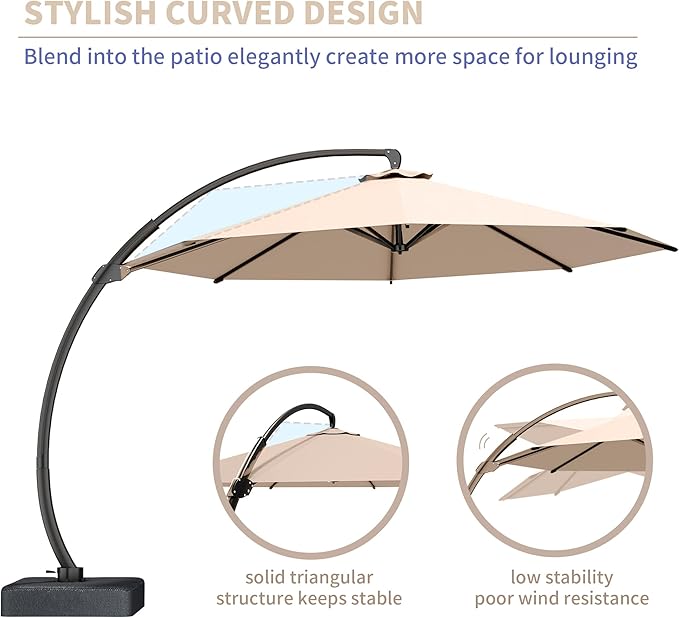 Kingdura 12ft Offset Cantilever Patio Umbrella with Base Included, Large Round Aluminum Outdoor Umbrella, 360° Rotation & Infinite Tilt, Heavy Duty Frame for Deck Pool Backyard, Beige