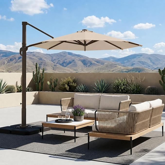 Kingdura 9ft Cantilever Patio Umbrella with Base Included, Large Round Metal Outdoor Offset Umbrella with 360-degree Rotation, 4 Position Tilt, UV Protection for Pool Deck Patio (Beige)
