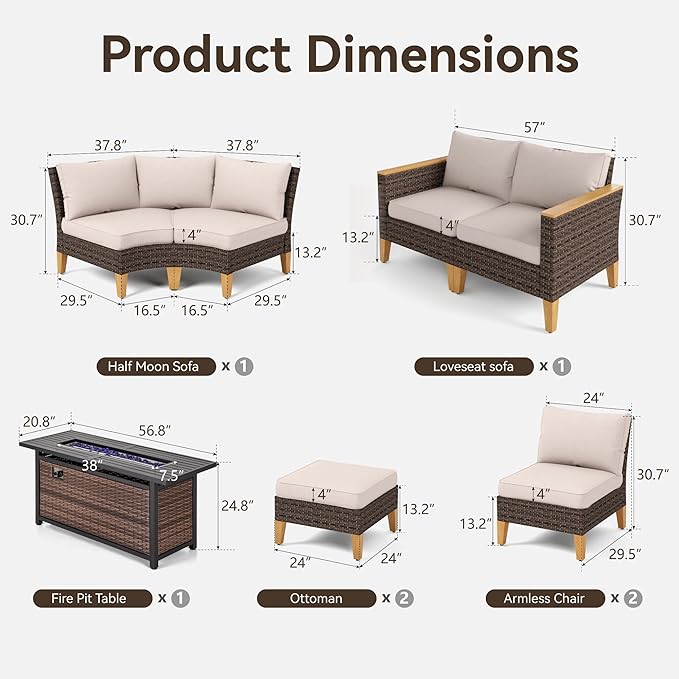 GREEN PARTY 8 Pieces Wicker Patio Furniture Set with 56" Fire Pit Table, All-Weather Outdoor Rattan Patio Half-Moon Curved Sectional Sofa Conversation Set for Garden, Backyard