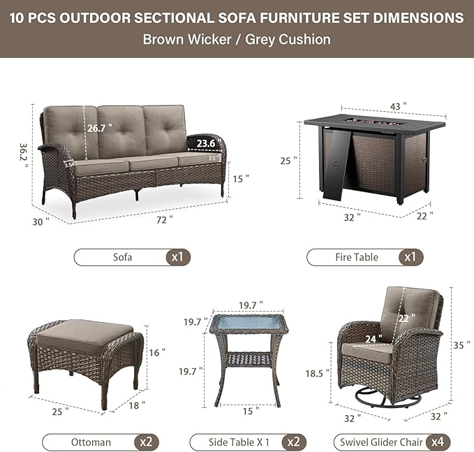 Belord Expansive 10 Pieces Outdoor Patio Furniture Set with 43” Propane Fire Pit Table, Patio Conversation Set with Swivel Rocker Outdoor Chairs Set of 4 and Sofa, Ottoman and Wicker Side Table Brown