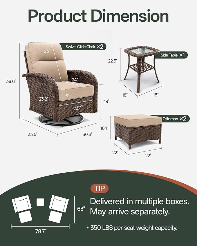 5-Piece Patio Furniture Set with 6-Inch Thick Cushions, High Back Outdoor Swivel Rocker Chairs and Table, All-Weather Conversation Set for Porch, Deck, Balcony, Yard in Beige