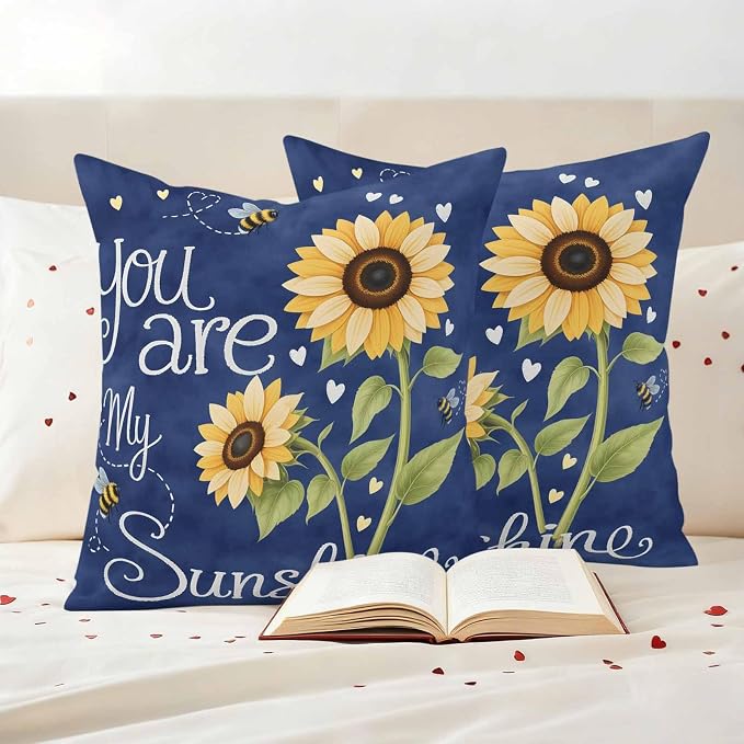 Outdoor Pillow Covers You are My Sunshine Words Decorative Throw Pillow Covers, Farm Sunflowers Bee on Blue Throw Cushion Case with Zipper for Patio,Couch,Sofa,Garden 18x18in Set of 2