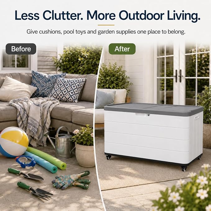 ADDOK 110 Gallon Outdoor Deck Box with Wheels, Large Waterproof Resin Storage Box with 2 Locking Casters, Lid Support Rod and Lockable Lid, Patio Cushion Storage Bench, White