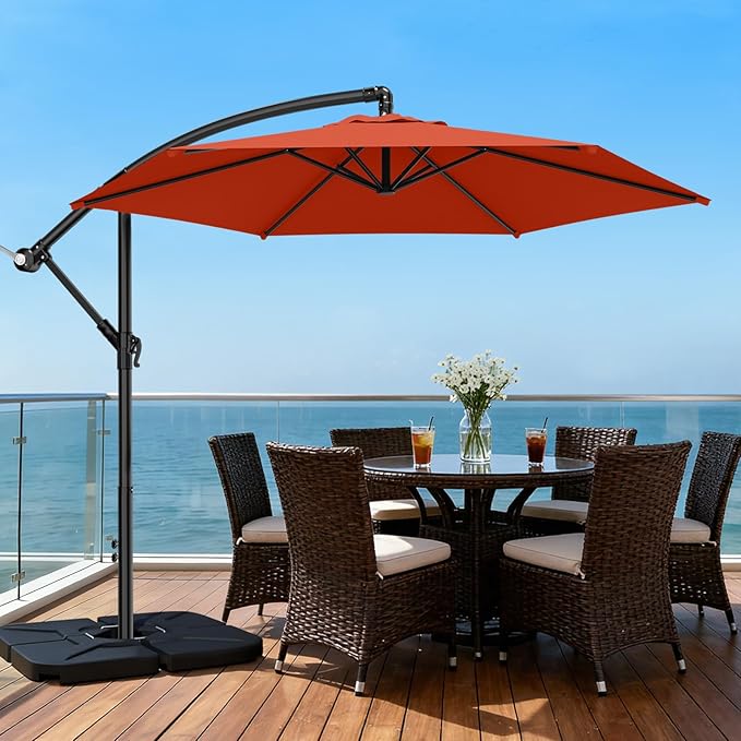 AreShark 10FT Patio Outdoor Umbrella, Offset Patio Umbrella Cantilever Umbrella, 6 Sturdy Ribs, Easy Adjustment for Garden Market Pool with Cross Base (Orange)