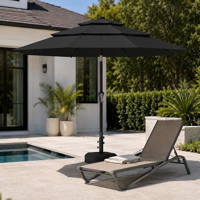10ft Patio Umbrella, 3-Tier Vented Outdoor Table Umbrella with 8 Sturdy Fiberglass Ribs, Windproof Market Umbrella with Push Button Tilt and Crank, UV Protection for Deck, Pool, Black