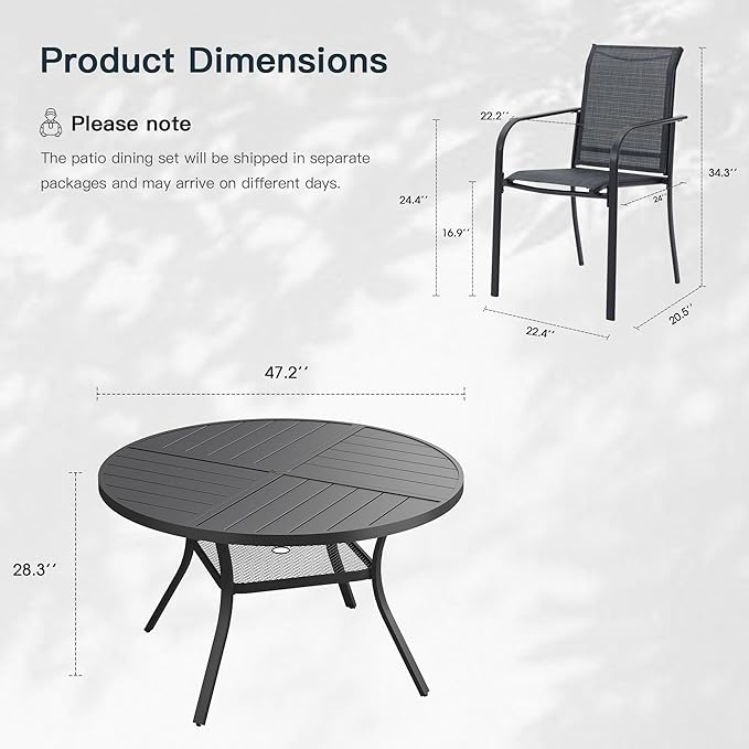 VICLLAX 7 Pieces Patio Outdoor Dining Set, 47.2" Round Metal Table with Umbrella Hole and Storage Shelf, 6 Stackable Textilene Chairs for Patio, Lawn, Garden, Porch, Black/Grey
