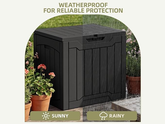 30 Gallon Deck Box Outdoor Storage Bench, Wood-Like Texture Resin Patio Box with Lockable Lid, Waterproof UV Resistant Outdoor Seat for Patio, Garden, Poolside