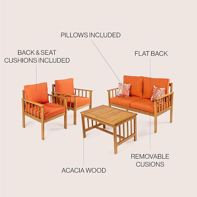 JONATHAN Y LVG1201C-4SET Everly 4-Piece Modern Cottage Acacia Wood Outdoor Patio Set with Cushions and Tropical Decorative Pillows Classic, Coastal, Traditional, Mid-Century, Orange/Teak Brown