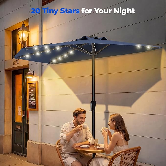 HOMSHADE 9FT Half Patio Umbrella with Solar LED Lights for Outdoor, Waterproof Half Umbrella for Small Spaces, Balcony, Deck(Navy Blue)