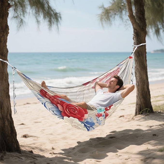 Red and Blue Flowers 330lb Capacity Outdoor Hammock with Portabl Carry Bag Rope Hammock for Patio Backyard Lounge Base Base para hamacas