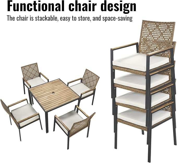 5 Piece Outdoor Dining Table for 4, 35" Dining Table with Umbrella Hole & Stackable Chairs for Patio, Deck,Patio Dining, Outdoor Dining Table Chair, Conversation Set, Patio Furniture Set, Yellow Color