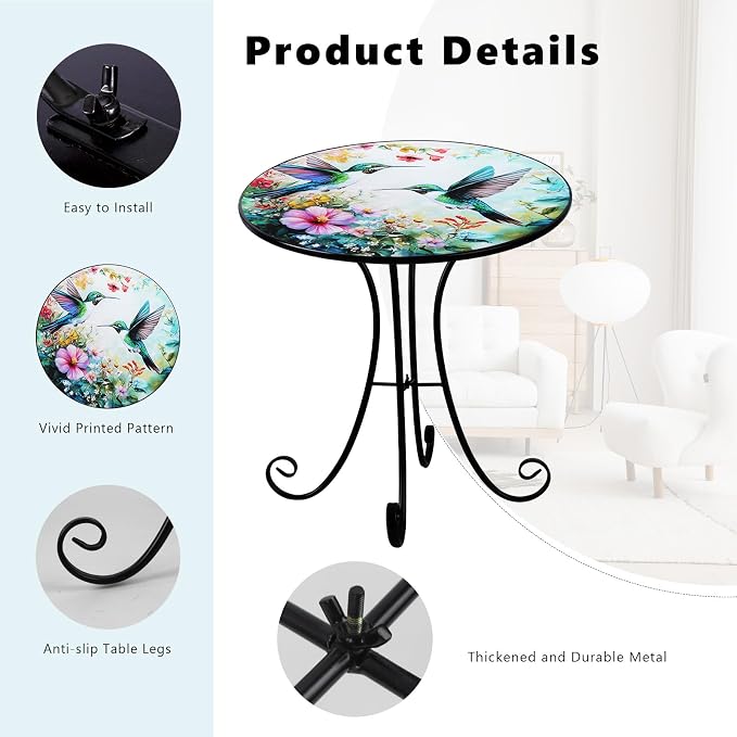 VEWOGARDEN Outdoor Side Table, 18" Weather Resistant Metal End Table with Hummingbird and Flower Design for Patio Porch Garden Balcony Yard