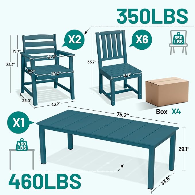 PLUUV 9-Piece Outdoor Patio Dining Set – HDPE Dining Table with Aluminum Legs and Umbrella Hole, 8 Chairs & 1 Table, All-Weather Patio Furniture Set for Garden Deck Backyard, Navy Blue
