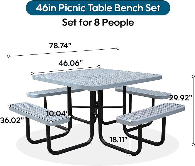 46Inch Square Picnic Table for 8 Person, Outdoor Heavy Duty Sturdy Picnic Tables with 4 Benches & Umbrella Hole, Commercial Metal Patio Picnic Table for Garden, BBQ, Coffee Store, Party, Porch (Grey)