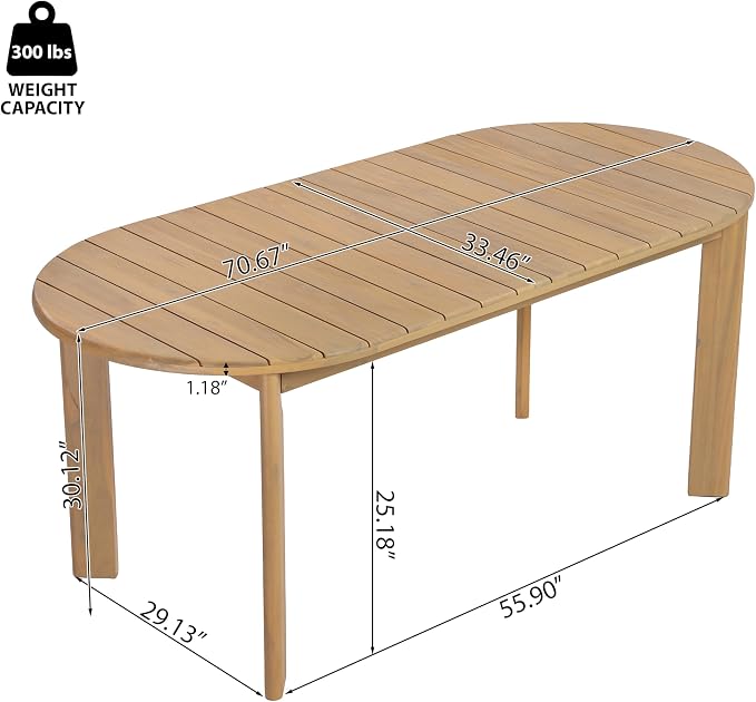 Christopher Knight Home Linda 70.67" Outdoor Dining Table, Solid Acacia Wood Patio Table for Patio Furniture Set, Modern Dining Table with Slat Panel Oval Top for Deck Garden Backyard, Light Teak