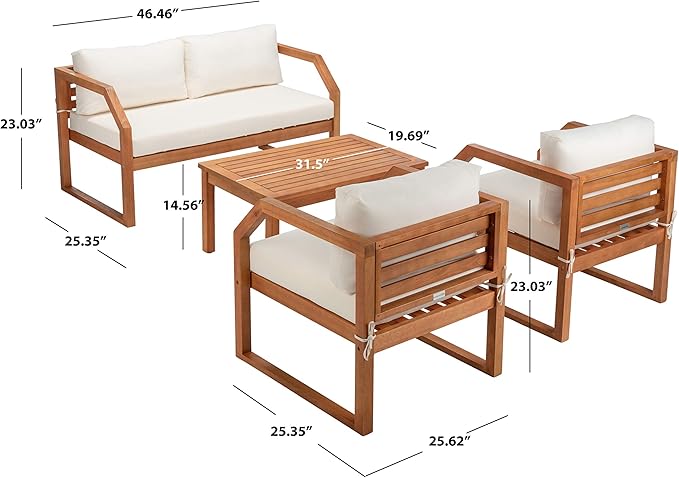 SAFAVIEH Outdoor DREN Natural Brown 4-Piece Set - Beige Seat Cushions Included