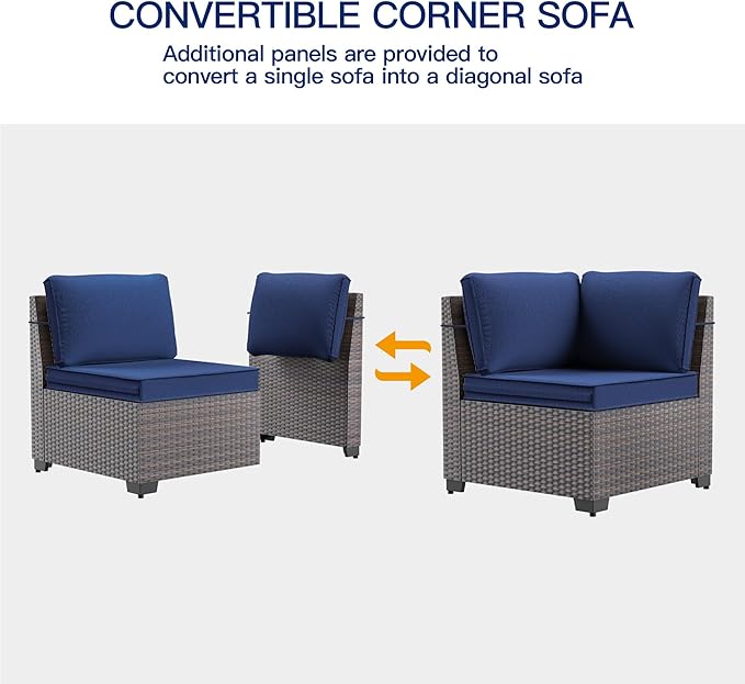 6 Pieces Patio Furniture Sets with Glass Tea Table,PE Rattan Wicker Patio Conversation Set with Washable Cushions,Outdoor Patio Sectional Furniture Set for Backyard, Poolside, Garden,Navy