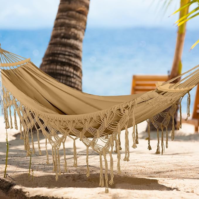 MOSFiATA Backyard Hammock with Tassels Max 500lbs Canvas Fabric Bohemian Style with Thickened Rope and Carry Bag for Outdoor, Garden, Patio, Wedding Decor (Khaki)