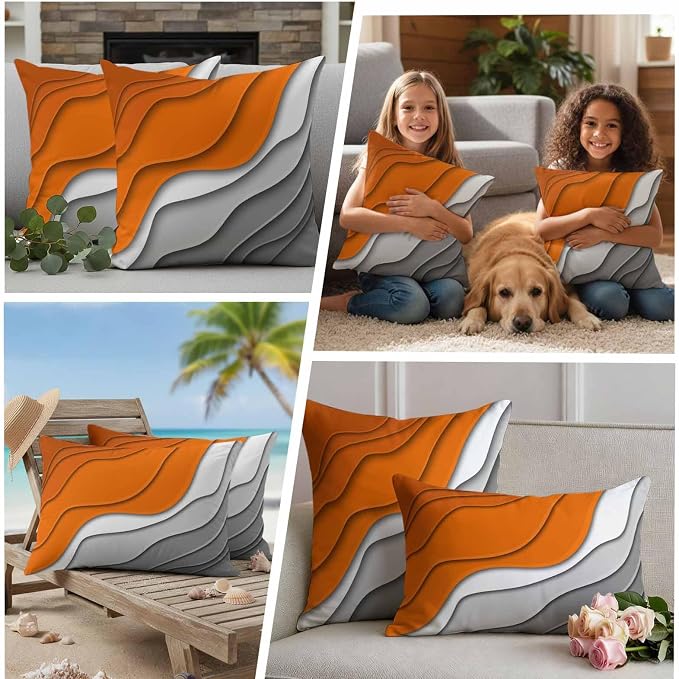 Abstract Beach Outdoor Pillow Covers Set of 2 Aesthetic Grey to Orange Gradient Waterproof Throw Pillow Cover Decorative Cushion Cases for Patio Porch Garden 20X20 Inch