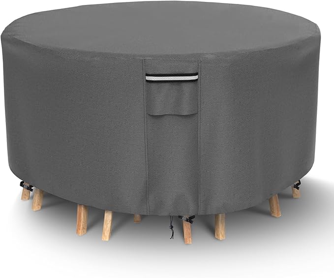 Round Patio Furniture Covers, 500D Heavy Duty Waterproof UV Resistant Cover for Round Outdoor Dining Table & Chairs,48" Dia x 28" H -Gray