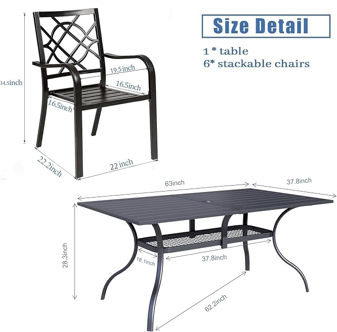 SOLAURA 7-Piece Outdoor Patio Dining Set, 6 Person Outside Table and Chairs Set, Metal Stacked Chairs of 6, Slat Table Top with 1.57" Umbrella Hole (Black)