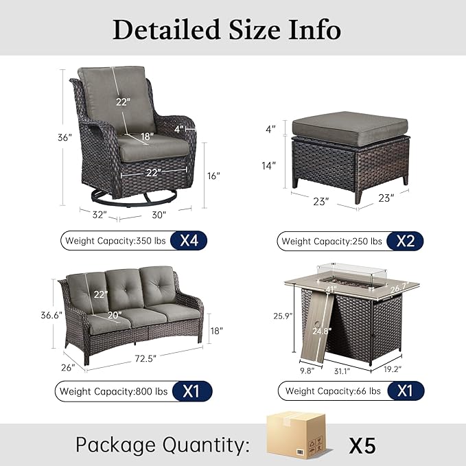 8 Piece Patio Furniture Set with 41" Fire Pit Table - Patio Conversation Set with 4 Inch Thick Cushions and Deep Seating Swivel Glider Chairs Set of 4 & Outdoor Couch for Porch Deck Yard Pool