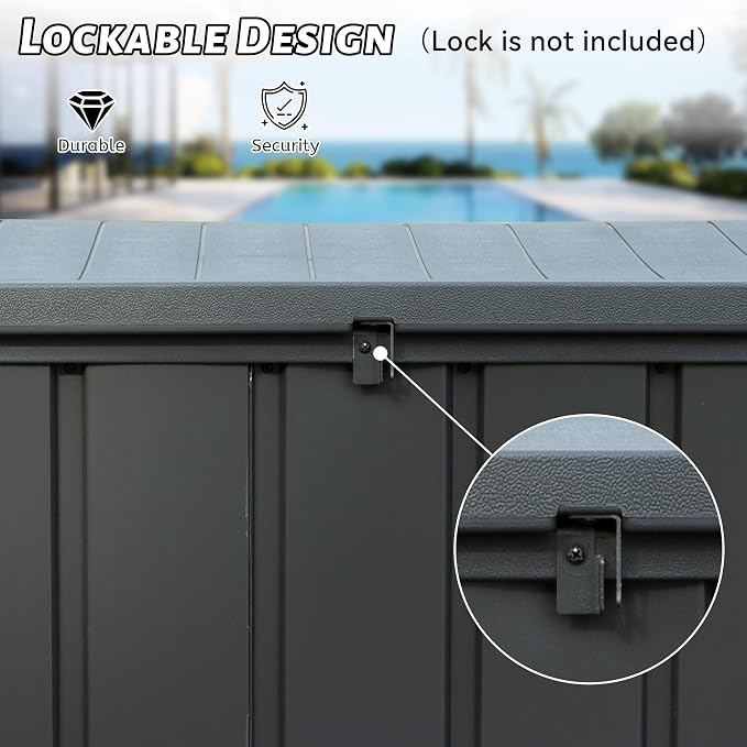 Domi 120 Gallon Deck Box, Outdoor Metal Lockable Storage Cabinet with Resin Lid, Waterproof Steel Outdoor Bench with Lockable Lid, Side Handles for Outside Cushions, Pillows, Garden Tools, Grey