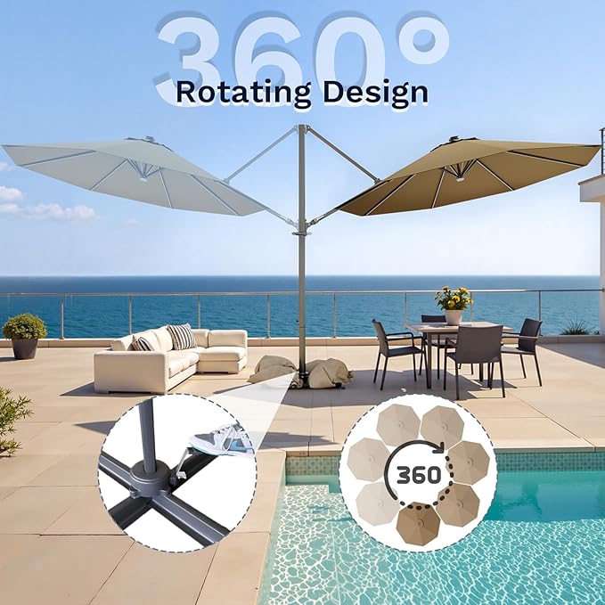 Devoko 10ft Solar LED Patio Umbrella, Round Cantilever Outdoor Umbrella with Solar Lights and 360-Degree Rotation, Large Hanging Offset Market Umbrella with Easy Tilt for Patio Deck Garden,Brown