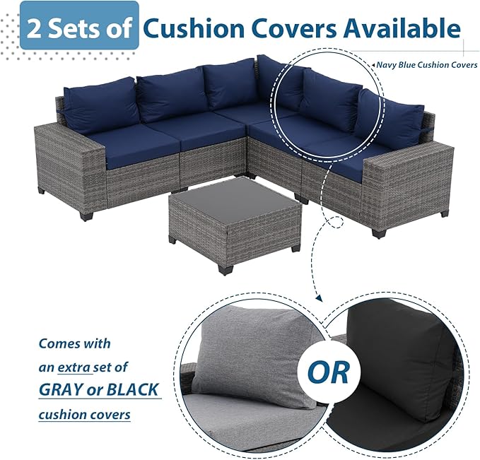 JOIVI 6 Pieces Outdoor Patio Furniture Set, Rattan Patio Sectional Sofa Conversation Set with Coffee Table, PE Wicker L-Shaped Sofa Set with Cushions for Garden, Backyard, Deck, Navy Blue