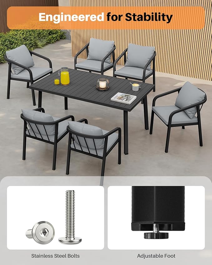 7-Piece Patio Dining Set, Never-Rust Aluminum Outdoor Dining Set for 6, Rectangular Outdoor Table and Chairs Set with Washable Cushions, Patio Furniture Set for Poolside, Lawn, Backyard, Black