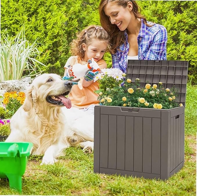 Light Brown 30-Gallon PP Woodgrain Deck Box Outdoor Storage Seat with Waterproof Lid, 22x17x21in for Patio