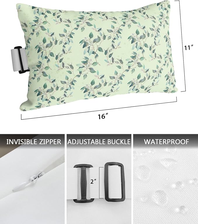Outdoor Pillows Covers with Inserts Spring Summer Farmhouse Leaves Flower Plants Green Waterproof Pillow with Adjustable Strap Throw Pillows for Patio Furniture Recliner Lounge Chair, 11x16 inch, 1PCS