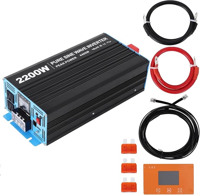 Power Inverter 2200 Watt Pure Sine Wave 12V DC to 110V/120V AC 4400W Peak Converter for Family RV Off Grid Solar System with 2 AC Outlets LCD Display Remote Control and 2.4A USB Charging Port
