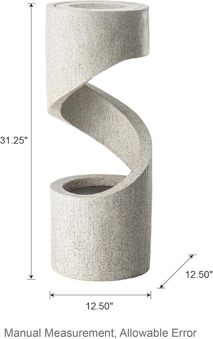 Glitzhome Outdoor Water Fountain with LED Light, Spiral Tiered Water Fountain Outdoor with Stone Planter, Modern Curved Waterfalls Feature Fountains for Garden Patio Porch, 31.3”H