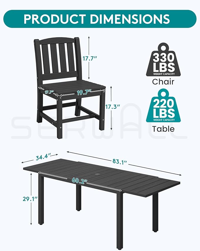 SERWALL 7-Piece Outdoor Dining Set, 60" - 83" Expandable Outdoor Dining Table and 6 HDPE Chairs, All Weather HDPE Outdoor Furniture Set for Backyard, Garden, Black