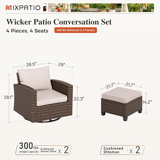 4 Pieces Swivel Wicker Patio Furniture Set, Rattan Outdoor Conversation Set with 2 Pieces Swivel Glider Chairs, 2 Pieces Ottomans, Beige