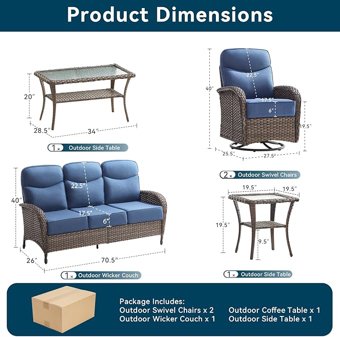 Luxury Outdoor Patio Furniture Set with 6-Inch Thick Cushions, 5 Pieces Wicker Outdoor Furniture with High Back Swivel Patio Chairs Set of 2, Outdoor Conversation Set for Deck Garden Porch, Blue