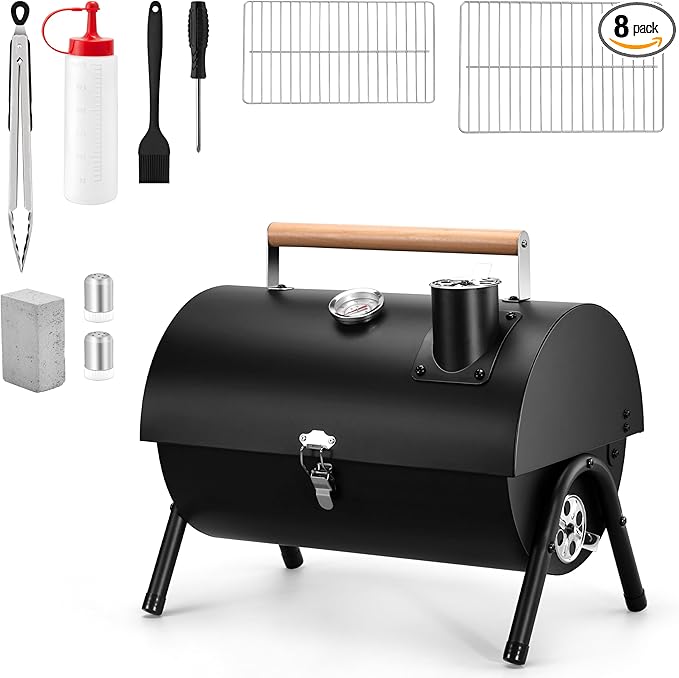 Portable Charcoal Grill with Basic BBQ Tools, HaSteeL Compact Tabletop Barbecue Grill with Thermometer, Small Smoker for Outdoor Camping Backyard Beach BBQ, Thick Steel, Easy to Assemble