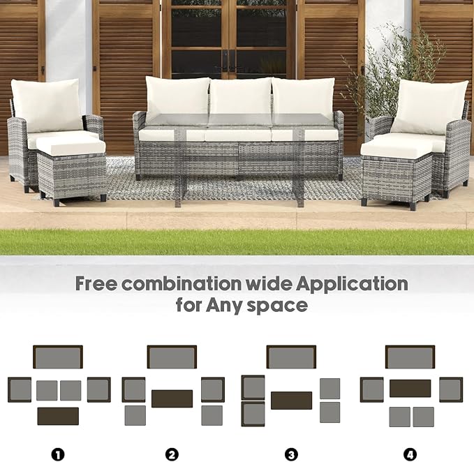 FHFO 5 Pieces Outdoor Patio Furniture Set, Wicker Sectional Sofa Patio Conversation Set Couch with Ottomans Rattan Chair and Table for Garden, Yard,Grey-Beige