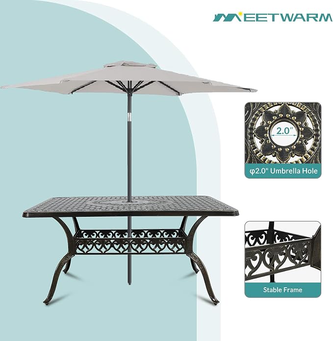 MEETWARM 7-Piece Outdoor Furniture Dining Set, All Weather Cast Aluminum Patio Garden Set with 6 Chairs, 6 Cushions, 1 Rectangular Table, 2" Umbrella Hole, Dark Bronze, Navy Blue