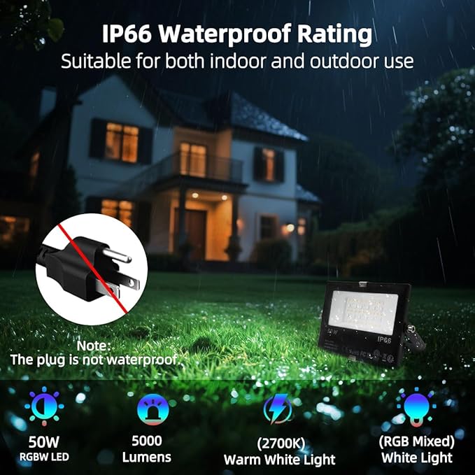 ILC LED Flood Light 50W Outdoor RGB Color Changing, Smart Floodlights RGBW 2700K Warm White & 16 Million Colors, 20 Modes, Grouping, Timing, IP66 Waterproof (2 Pack)