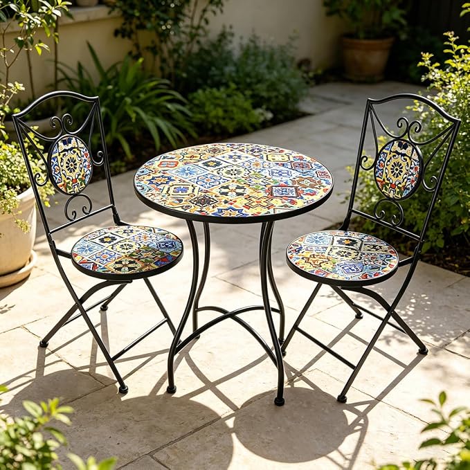 3 Piece Bistro Sets Mosaic Tile Round Table Folding Chairs Garden | Set of 3 Patio Furniture 23.6" Table and 2 Chairs Outdoor Bistro Chairs Artistic Table for Balcony Porch Apartment Backyard