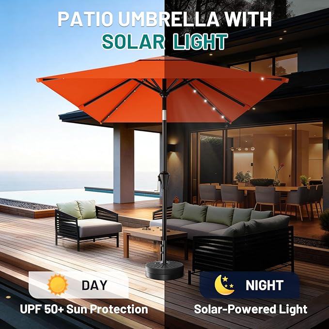 AreShark 6.5' x 10' Rectangular Patio Umbrella with Solar Lights, Solar Powered Lighted Market Umbrella w/Tilt and Crank, Outdoor Table Umbrella for Garden, Deck, Backyard, Pool and Beach, Orange